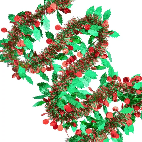 Miniatura 4 de Guirnalda de Oropel de Navidad de 33 Pies, Guirnalda de Oropel Metálico Trenzado Rojo Verde con Ornamentos de Bayas y Hojas, Decoración Colgante