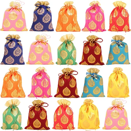 Miniatura 38 de Touchstone Preciosas bolsas de regalo reutilizables, respetuosas con el medio ambiente, brocado de cachemira con cordón grande para cumpleaños