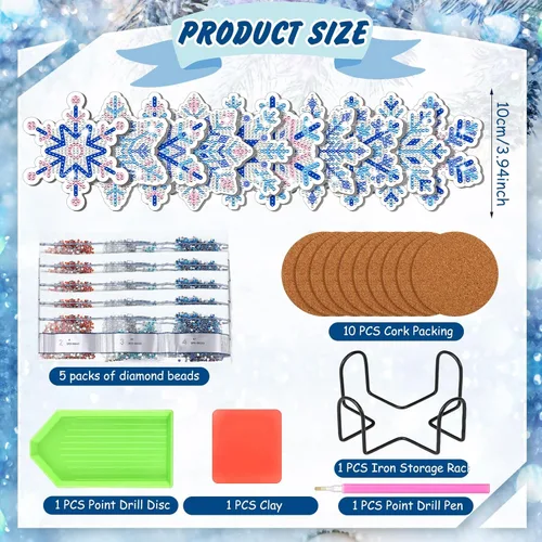 Miniatura 3 de FairySandy 10 Piezas Copos de Nieve Kits de Posavasos de Pintura de Diamante 5D de Invierno Posavasos de Arte de Diamante de Copo de Nieve Acrílico