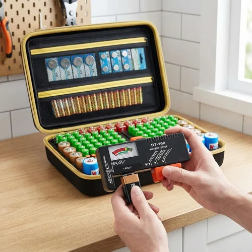 Miniatura 4 de Boobowl Estuche organizador de batería con probador – Caja de almacenamiento universal para más de 162 pilas AA AAA C D 9V – Diseño de espuma Rojo