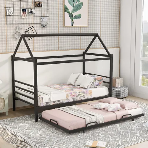 Miniatura 12 de Cama de metal simple con base de tablillas, cama de plataforma tamaño Queen con techo y cabecero, para niños, adolescentes, niños, niñas, uso