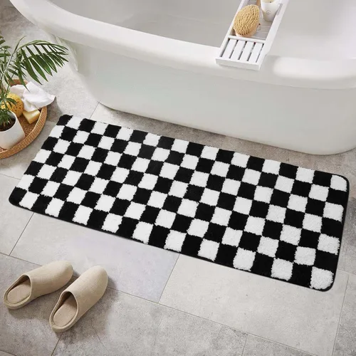 Miniatura 10 de Alfombras redondas a cuadros para baño, lavables a máquina, negras y blancas de 2 pies, alfombrilla de baño antideslizante y absorbente, alfombra
