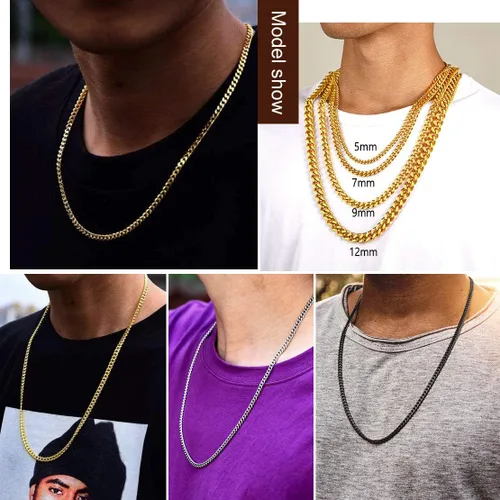Miniatura 6 de FindChic - Cadena de eslabones para hombre, chapado en oro de 18 quilates, acero inoxidable, negro, collar para hombres y niños, 14 a 30pulgadas, 8