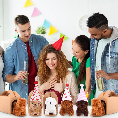 Miniatura 6 de Juego de 20 Mini Juguetes de Peluche Animales de Peluche Perros con Sombreros de Cumpleaños Cajas de Papel Kraft Cachorros de Peluche Pequeños
