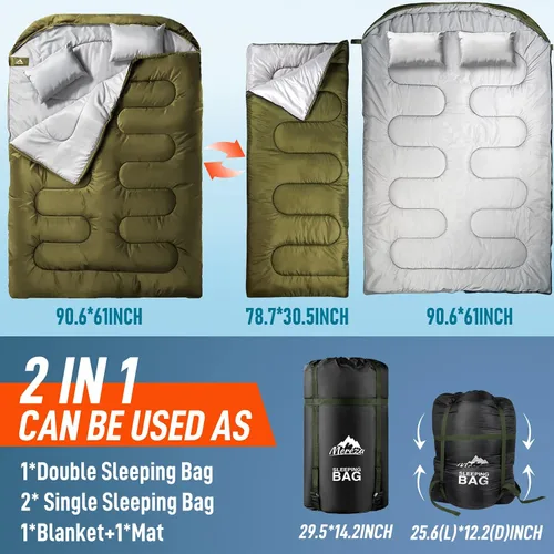 Miniatura 5 de MEREZA Saco de dormir doble para adultos y hombres con almohada, tamaño XL, Queen, saco de dormir para dos personas para todas las estaciones