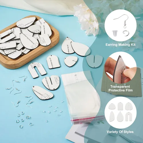 Miniatura 7 de Spritewelry 18 pares de productos de sublimación en blanco para sublimación, aretes de MDF sin terminar con tarjetas, anillos de salto, ganchos