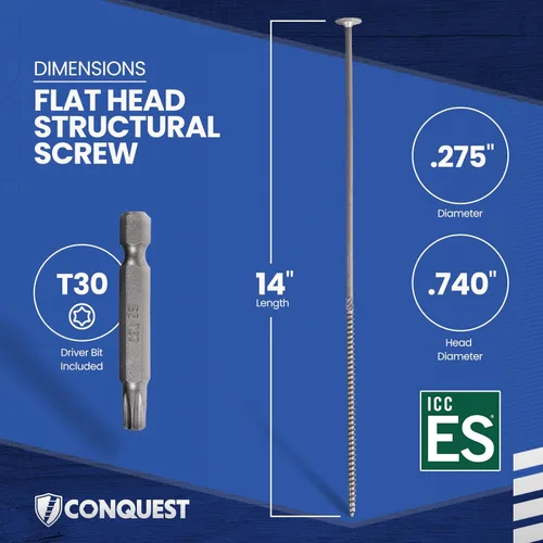 Miniatura 2 de Conquest Tornillos estructurales para madera, 0.275 x 14 pulgadas, certificados ICC, tornillos de cabeza plana autorroscantes T30 Star Drive