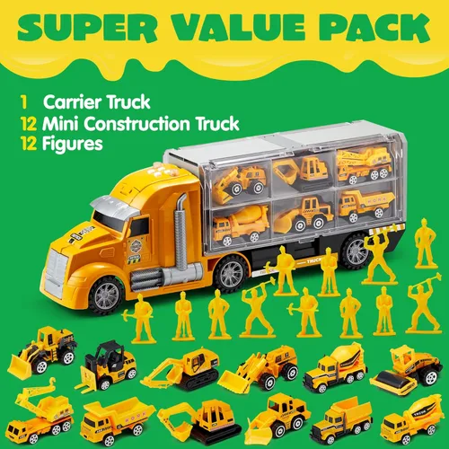 Miniatura 2 de JOYIN Juego de camiones de construcción 25 en 1 con 12 vehículos y 12 figuras de trabajadores, camiones de juguete Push and Go con sonido y luz