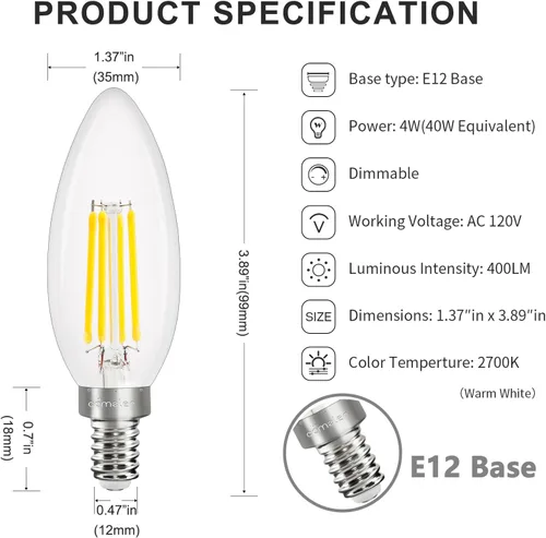 Miniatura 7 de comzler Bombilla LED E12 para candelabro regulable, bombilla de lámpara de araña 2700K blanco cálido, equivalente a 40W, bombillas tipo B