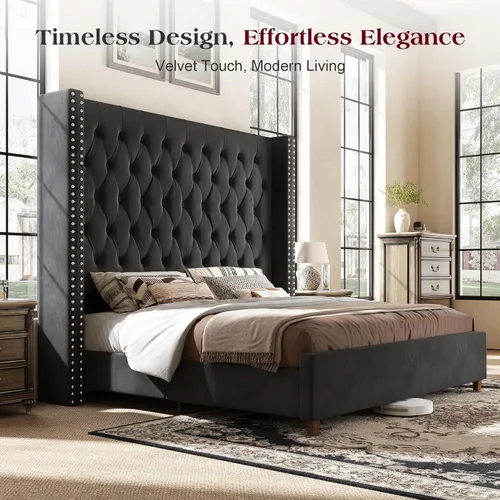 Miniatura 8 de PaPaJet Base de cama Queen con cabecera de ala de 61.4 pulgadas de alto, plataforma tapizada de terciopelo con acolchado de botones profundos,