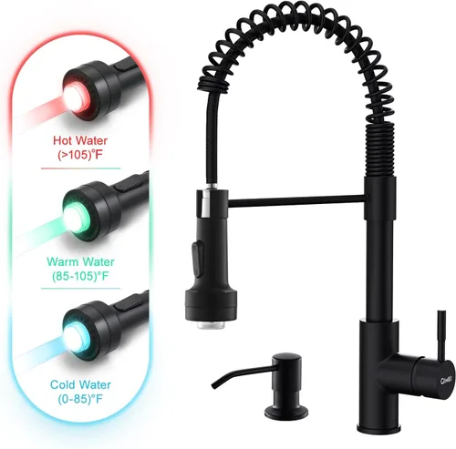 GIMILI Grifo de cocina negro con dispensador de jabón, rociador extraíble de un solo orificio, grifo LED, adecuado para casas de campo, RV, Negro
