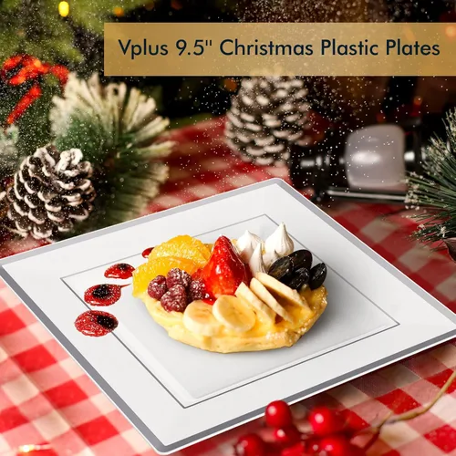 Miniatura 8 de Vplus 90 piezas de 9.5 pulgadas de platos de plástico plateado desechables, elegantes y duraderos de color blanco, platos de plástico para cenas