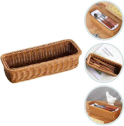 Miniatura 7 de ABOOFAN Organizador de almacenamiento de cubiertos tejido de mimbre, organizador de utensilios de cubiertos, cesta de pan de ratán, bandeja