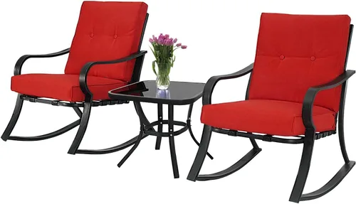 Betterland Juego de sillas mecedoras de 3 piezas para exteriores, mesa de centro de cristal y muebles de patio de metal negro con cojines gruesos
