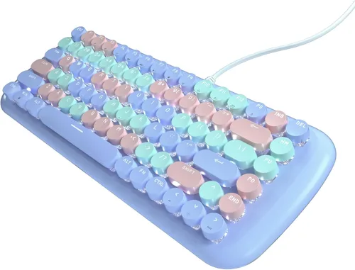 Lomiluskr Lindo teclado mecánico con cable colorido para niñas y niños, teclas redondas, 84 teclas compactas, 10 efectos de iluminación Azul
