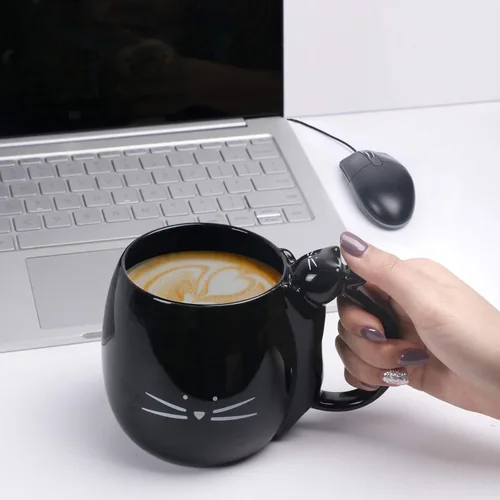 Miniatura 8 de Koolkatkoo Taza de café con diseño de gato, regalo para amantes de los gatos, tazas de té de cerámica, color negro, 16 onzas Gato plano negro