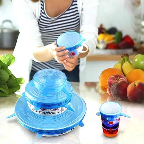 Miniatura 6 de Cubierta de sellado elástico de silicona, 12 unidades, 6 tamaños, tapas de sellado de silicona elásticas azules para mantener los alimentos frescos