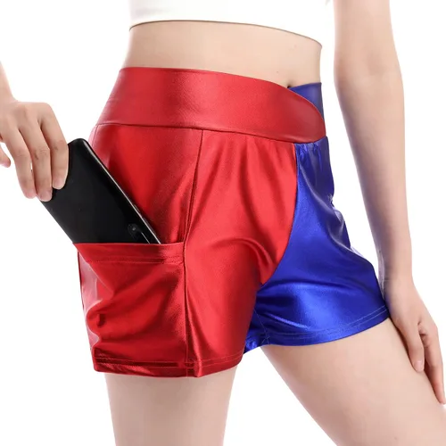 Pantalones cortos de baile brillantes para mujer con frente en V cintura alta para yoga gimnasio fiesta de rave pantalones cortos con bolsillos