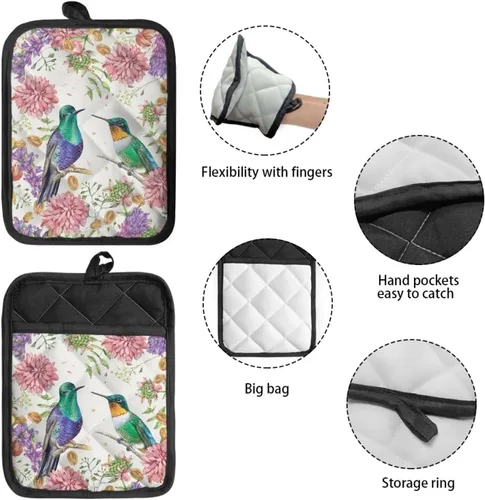 Miniatura 4 de Gomyblomy Hummingbirds & Flowers - Forro de sartén aislado para mujer, 2 piezas, resistente al calor, con bolsillo, protector de cocina ligero