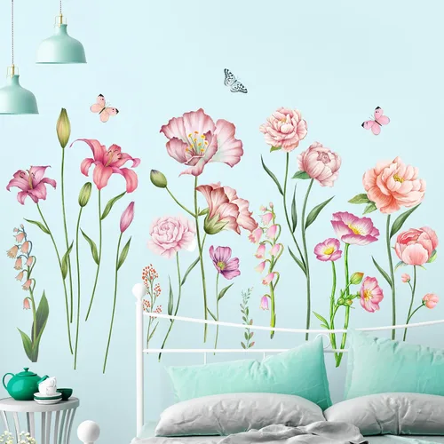 Miniatura 7 de Amaonm - Adhesivo de pared extraíble de flores frescas y mariposa voladora, libélula azul, rosa, lirio, amapola, peonía, floral, calcomanía de pared