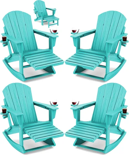 Miniatura 29 de Mecedora Adirondack de KINGYES con Otomana Retráctil y Portavasos, Silla Reclinable de Patio de HDPE Adirondack para Porche, Patio, Balcón, Azul Aqua