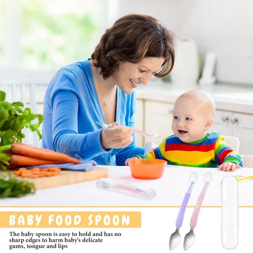 Miniatura 6 de Lallisa 2 cucharas de silicona para bebés, cuchara de comida para bebés de doble cabeza, alimentador de frutas, raspador de alimentos suave para rosa