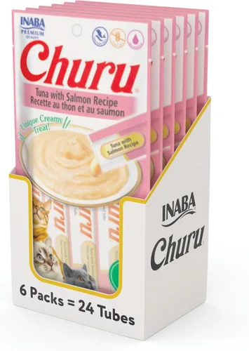 INABA Churu - Golosinas cremosas para lamer para gatos, receta de atún con salmón, 24 tubos