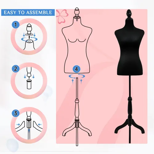 Miniatura 5 de Cuerpo de maniquí femenino con soporte de trípode de madera, 50-63 pulgadas, forma de vestido portátil y ajustable para coser, exhibición de ropa