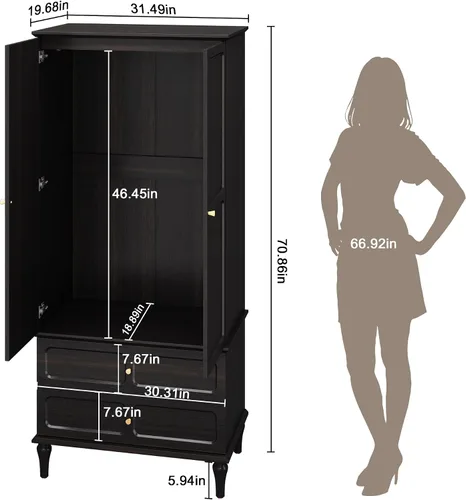 Miniatura 2 de HLR Armario moderno de mediados de siglo de 71 pulgadas con puertas y cajones, armario de almacenamiento de madera con barra para colgar para Negro