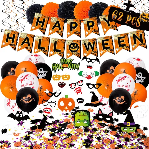 Juego de 62 decoraciones de fiesta de Halloween, accesorios de cabina de fotos de Hallowmas, globos, pompones, espirales colgantes, remolinos