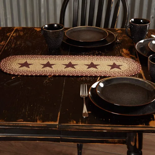 VHC Brands Classic Country Primitive - Alfombra de mesa y cocina con plantilla color rojo yute burdeos, 8 x 24 pulgadas