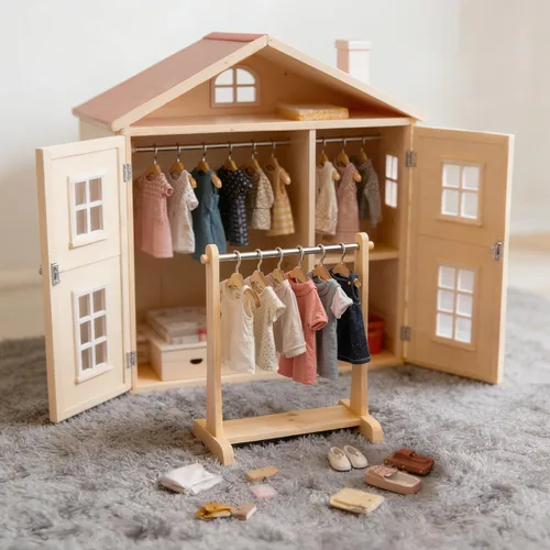 Miniatura 9 de TOYANDONA 10 perchas de madera para muñecas – Mini colgador de muñecas en miniatura para vestimenta para casas de muñecas, accesorios en miniatura