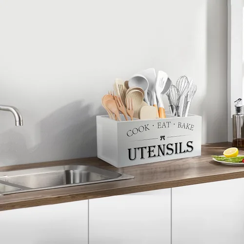 Miniatura 8 de Suli Soporte extra grande para utensilios de cocina con 4 compartimentos, organizador de utensilios de madera para encimera, decoración de cocina