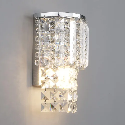 Miniatura 9 de Pathson Aplique de pared moderno de cristal K9 con cableado, acabado cromado, lámpara de pared con gotas de cristal acrílico para dormitorio y sala
