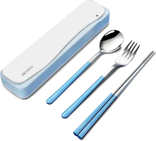 Miniatura 13 de DEVICO Utensilios de viaje, juego de cubiertos de acero inoxidable 18/8, 4 piezas, juego portátil y reutilizable para camping, incluye tenedor, Rojo