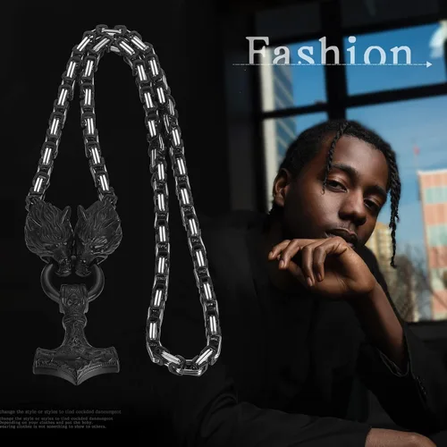 Miniatura 8 de OIDEA Viking Mjolnir Necklace for Men with Wolf Head King Chain, Stainless Steel Viking Amulet Thors Hammer Necklace Norse Pagan Jewelry,22 inch