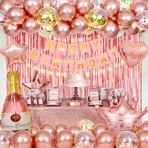Decoraciones de cumpleaños para mujeres con pancarta de feliz cumpleaños, cortinas, botella, corona, globos de estrella de corazón, globos de oro