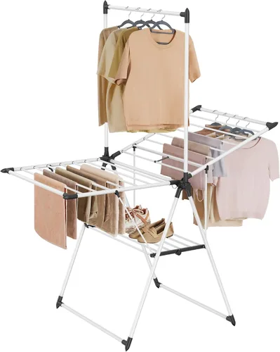 Miniatura 9 de SONGMICS Tendedero de secado de ropa, plegable de 2 niveles, aireador independiente, 1 barra colgante alta adicional, 2 alas ajustables en altura