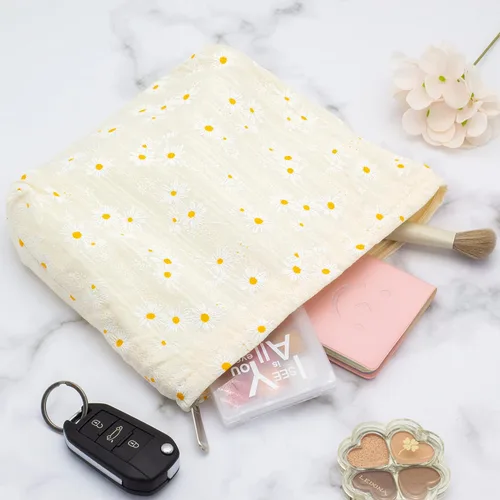 Miniatura 5 de Pazimiik Bolsa de maquillaje floral, grande, de algodón, con cremallera para bolsa de viaje, organizador de maquillaje de lona para mujeres, Algodón