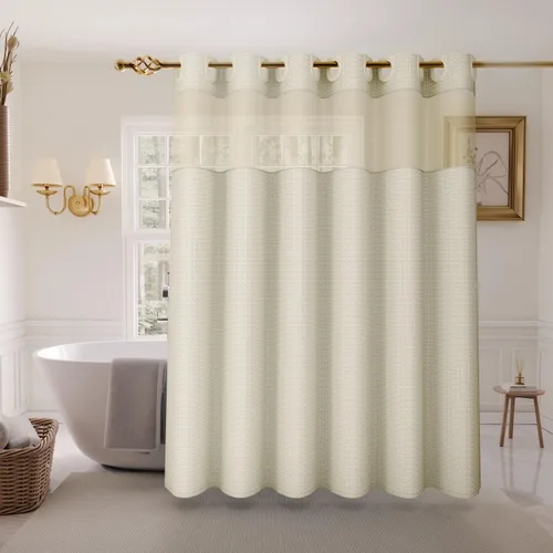 Miniatura 9 de Inhousolu - Cortina de ducha sin gancho con juego de forro de tela a presión, tejido waffle 230 GSM dobladillo con peso, impermeable y lavable