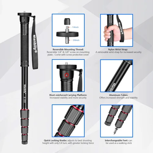 Miniatura 3 de Manbily Monopod de cámara de 65 pulgadas, monopie de viaje de aluminio de 5 secciones para cámaras réflex digitales Canon, Nikon, Sony, videocámara