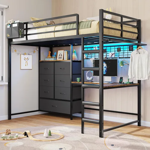 Miniatura 8 de DICTAC Cama alta individual con escritorio en forma de L y 7 cajones de almacenamiento, cama alta de metal tamaño individual para niños con luces
