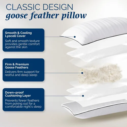 Miniatura 2 de downluxe - Almohadas de plumas de ganso y plumón - Juego de 2 almohadas con refuerzo de colección hotelera para dormir de espaldas, boca abajo