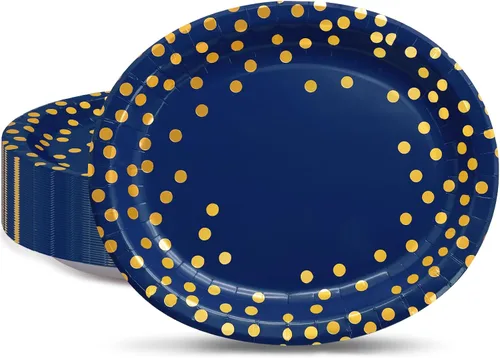 30 platos azul marino de 10 x 12 pulgadas, platos ovalados de papel azul y dorado, platos desechables grandes para fiestas de graduación,