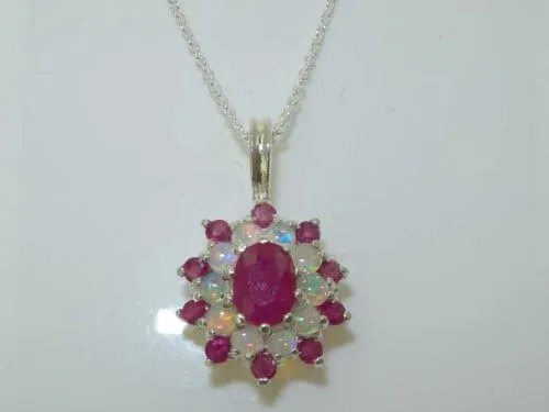 Miniatura 4 de Ladies Solid 925 Sterling Silver Ornate Large Natural Ruby & Opal Large Cluster Pendant Necklace
