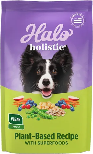 Halo Receta holística a base de plantas con superalimentos, salud digestiva completa, bolsa de comida seca vegana para perros, fórmula para adultos,