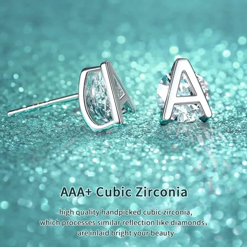 Miniatura 6 de ChicSilver Aretes pequeños con inicial para mujer, plata de ley 925 con circonita cúbica, hipoalergénicos (con caja de regalo)
