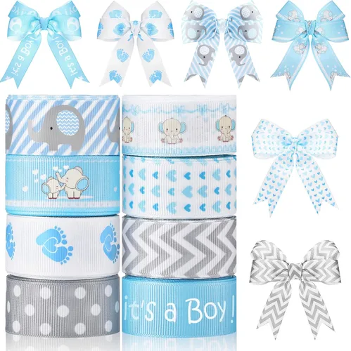 8 rollos de cinta de grogrén de elefante para bebé, 7/8 pulgadas, Baby Shower It's a Boy/Girl Foot Print Ribbon para envolver regalos, ducha, Azul