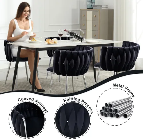 Miniatura 5 de Juego de 2 sillas de comedor de terciopelo, sillas laterales tapizadas tejidas con patas de metal negro, sillas decorativas modernas, sillas