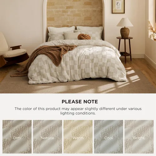 Miniatura 9 de Bedsure Juego de Edredón Tamaño Queen Beige, Juego de Cama Boho con Mechones, Ropa de Cama a Cuadros Estilo Granja Shabby Chic, 3 Piezas, 1 Edredón